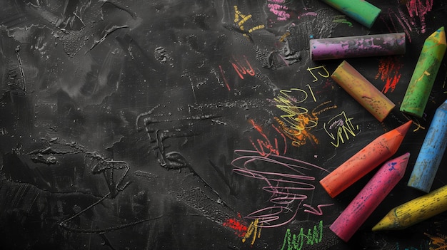 Photo vivid chalk crayons on a textured blackboard with colorful scribbles and drawings