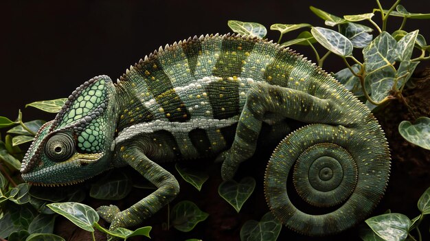 Vivid chameleon with intricate scales amongst foliage displaying camouflage