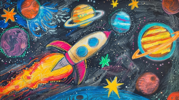 Vivid Child39s Crayon Drawing of Space Scene with Rocket