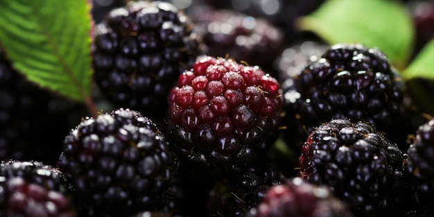 Vivid closeup of juicy blackberries showcasing their deep purple hue and intricate detail AI Generative