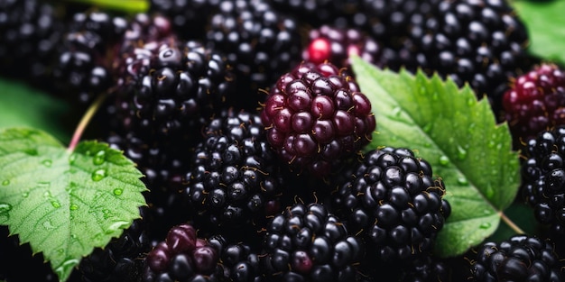 Vivid closeup of juicy blackberries showcasing their deep purple hue and intricate detail Created with generative AI tools