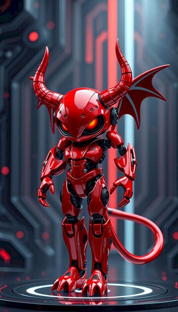 a vivid closeup of a red robotic character with sharp features
