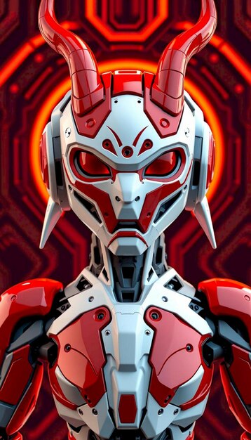 a vivid closeup of a red robotic character with sharp features