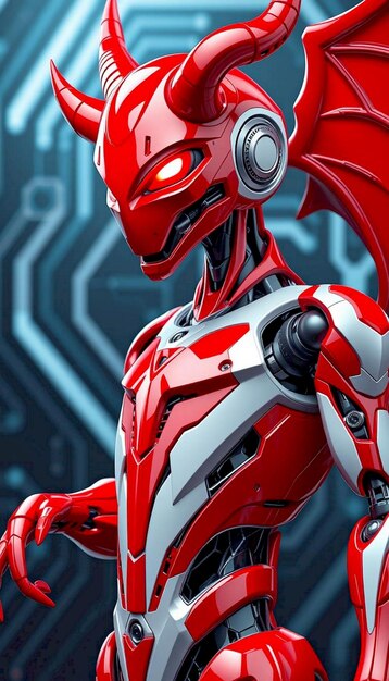 A vivid closeup of a red robotic character with sharp features