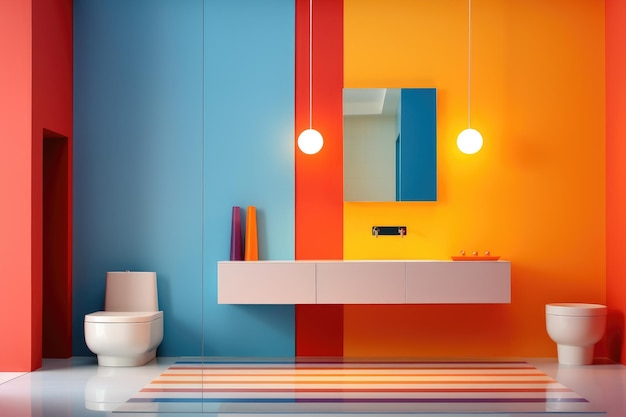 鮮やかな色彩のミニマルデザインの装飾 現代的な浴室のインテリア