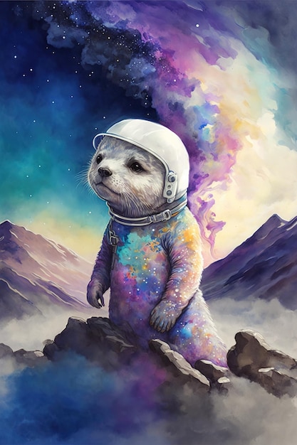 Vivid color space otter wearing spacesuit for space exploration concept