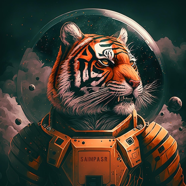 Vivid color space tiger wearing spacesuit for space exploration concept