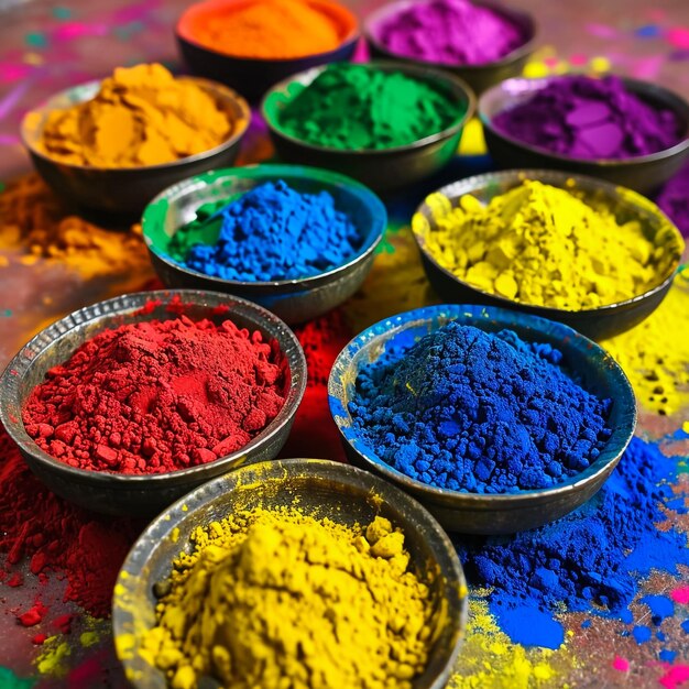 Vivid colorful holi dye powder in cups closeup shallow depth of field