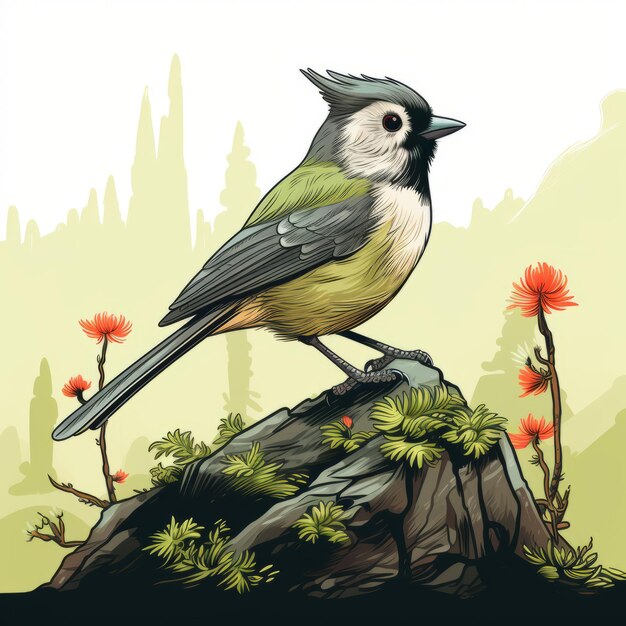 Vivid Comic Book Style Illustration Titmouse On Moss With Flowers And Rocks
