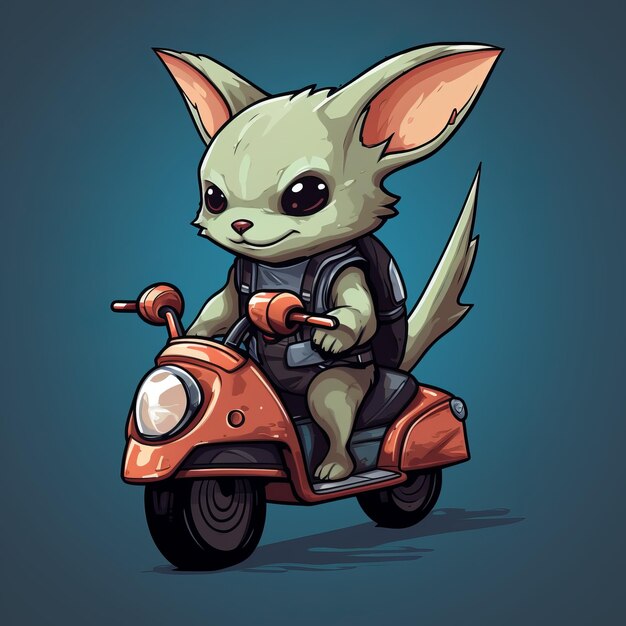 Photo vivid comic of cute chupacabra riding scooter