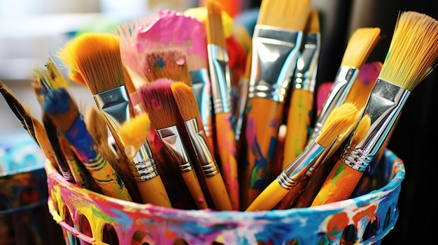 Photo a vivid compilation of paints brushes and canvases awaits ready to set free boundless creativity and ignite imaginative sparks