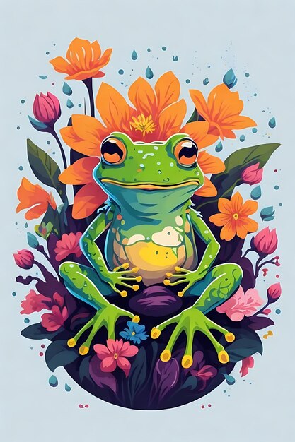 Photo vivid cute frog fantasy flowers splash flat design sticker vector no background