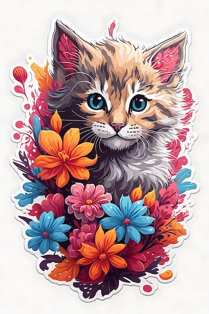 яркая милая голова котенка фантазия цветы брызгание аффлат дизайн наклейки вектор без фона