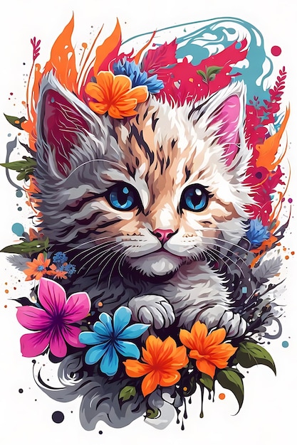 яркая милая голова котенка фантазия цветы брызгание аффлат дизайн наклейки вектор без фона