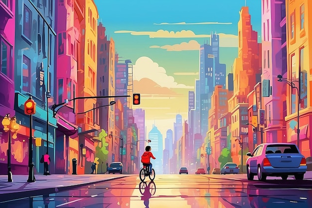 A vivid cyberpunk view of a city in night time children could be depicted riding bicycles