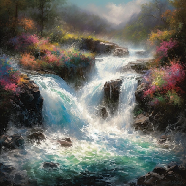 vivid depiction of a waterfall's power and beauty in a serene forest setting