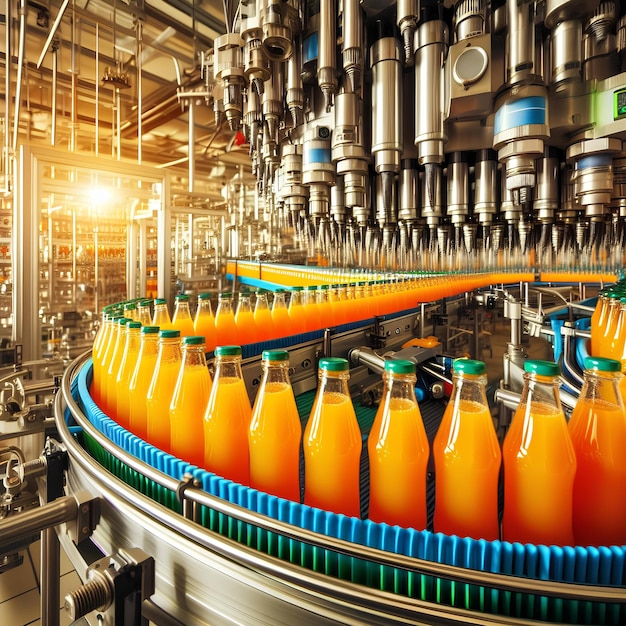 vivid display of food industry automation with a stream of apple juice bottles on a factory conveyor