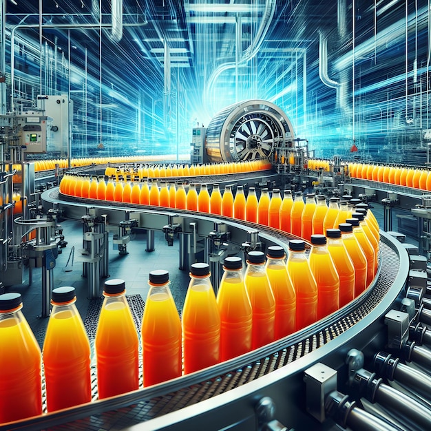 vivid display of food industry automation with a stream of orange juice bottles on factory conveyor