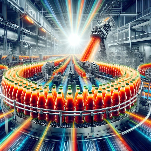 яркое изображение автоматизации пищевой промышленности с потоком бутылок томатного сока на заводском конвейере