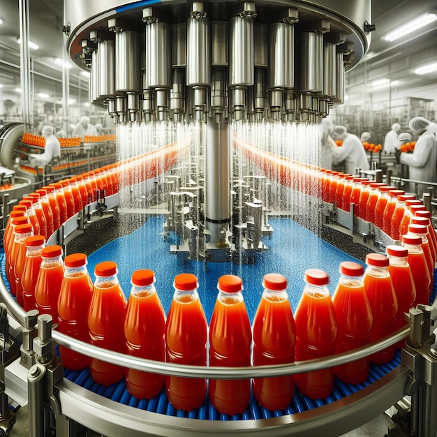 vivid display of food industry automation with a stream of tomato juice bottles on factory conveyor