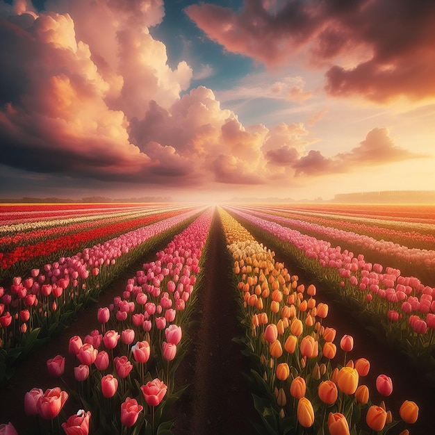 Vivid Dreamscape Mesmerizing Tulips Dance Beneath Azure Skies