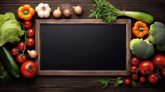 Vivid farm vegetables for salad are captured in closeup on a wooden table accompanied by a black chalkboard to maximize copy space