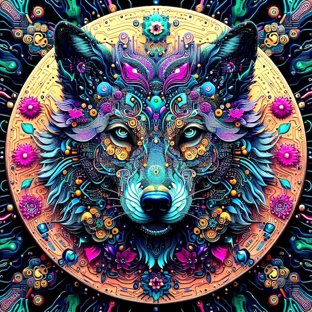 Vivid fractal mandala wolf face with electronic circuits