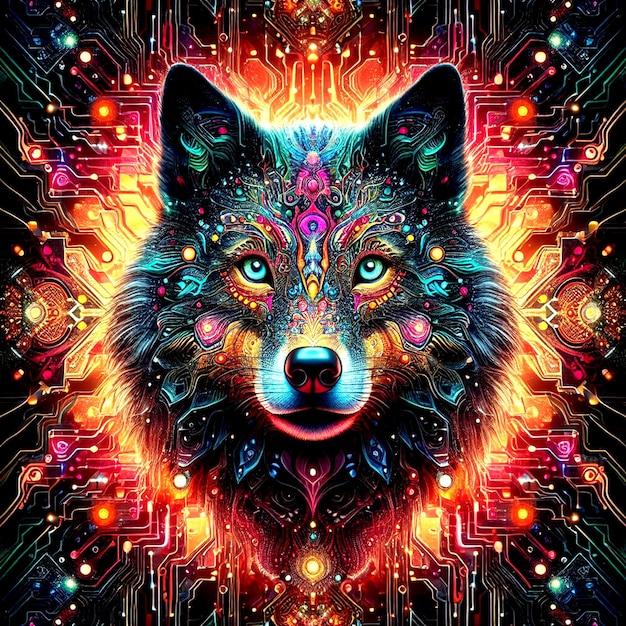 Vivid fractal mandala wolf face with electronic circuits