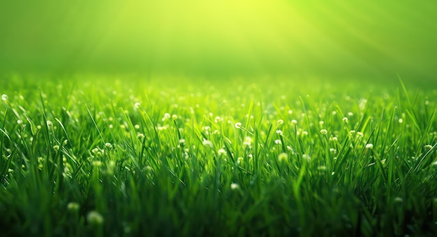 Vivid green grass and sunbeams on a lawn close up generative AI realistic illustration