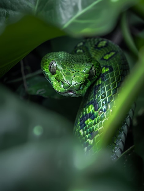 Яркозеленая змея, идеально замаскированная среди пышной тропической листьев, являющаяся примером адаптации и красоты природы.
