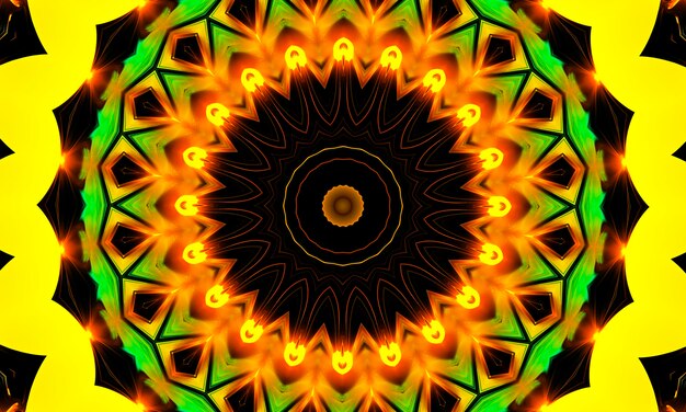 Vivid green and Yellow Mandala Flower with shiny rays.