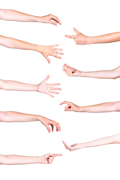 Vivid human hand gestures over white background