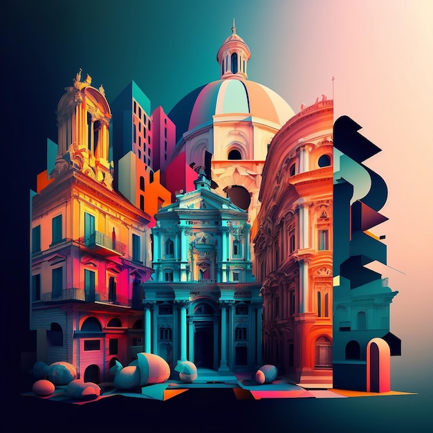 Яркое гиперреалистичное изображение, демонстрирующее эклектичное городское пространство античного барокко, модернизма и стилей ампир в насыщенных цветах Генеративный ИИ