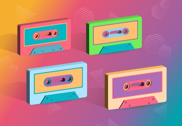 70년대 80년대 90년대의 생생한 그림 오디오 카세트 향수 복고 및 네온 빈티지 Retrofuturism 화려한 배경의 3d 카세트