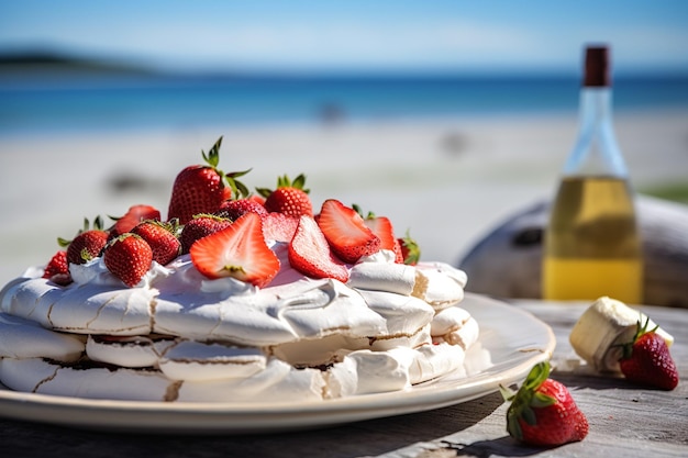 Foto un'immagine vivida di una pavlova con la cima di una bacca di bacca contro una soleggiata scena di spiaggia natalizia australiana