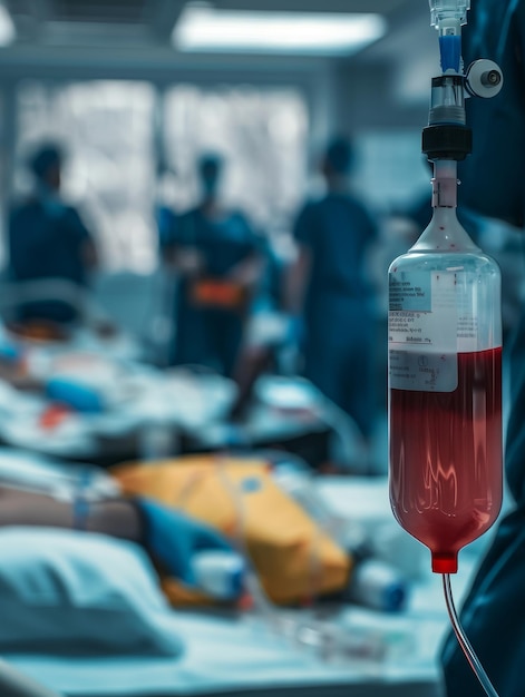 活発 な 画像 は,医療 サービス が 提供 し て いる 重要 な 生命 線 を 象徴 し て いる,混雑 し た 病院 の 病棟 に 掛かっ て いる 血 プラズマ の 袋 を 示し て い ます