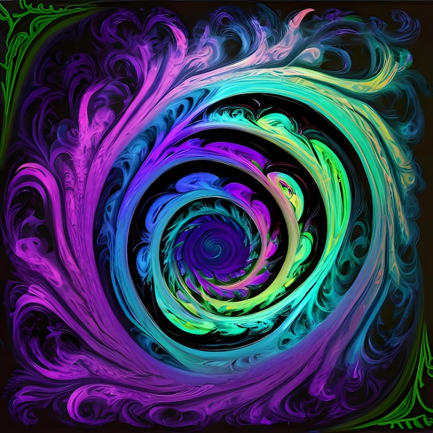 Vivid intertwining spirals of blue green and purple swirling across