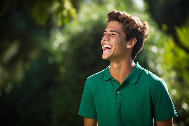 Photo vivid laughter joyful moment of a man in vibrant green polo
