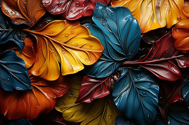 Vivid leaves scatter on an abstract floor infusing tropical brilliance into surroundings