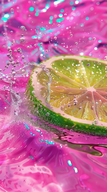 Foto vivid lime slice submerged in pink water with bubbles