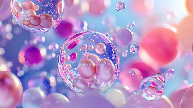 Vivid macro photography of floating transparent soap bubbles with pink and purple gradient