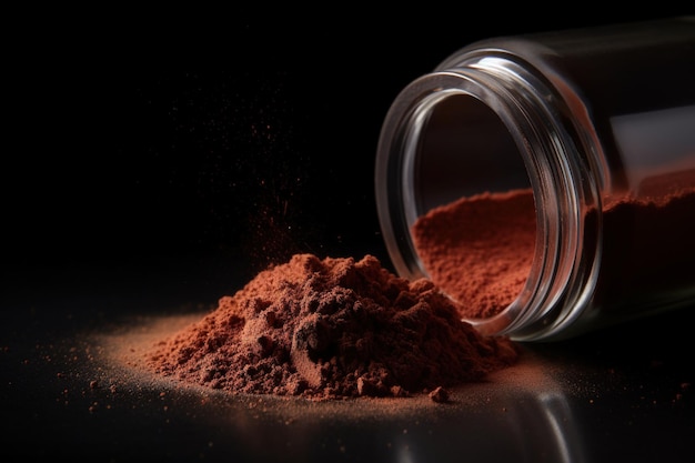 Vivid macro shot of a small pile of vibrant chili powder displayed on a smooth black surface