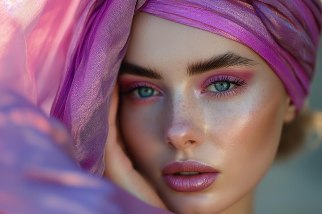 Vivid Makeup and Purple Headwrap