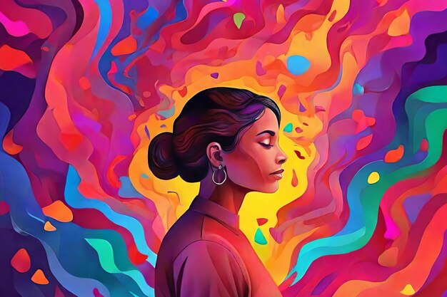 Vivid mental health art Person amidst auditory hallucination illustration on colorful backdro