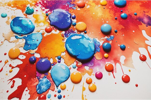 Vivid mix of paint droplets on white watercolor background