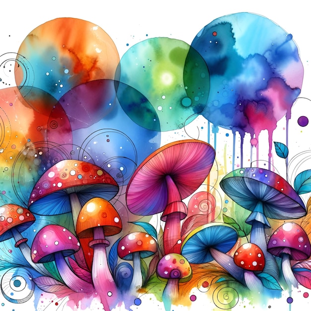 Photo vivid multicolored mushrooms with watercolor shades