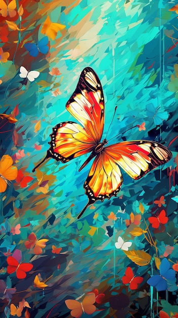 Vivid Nature Dance Butterfly Flying over Colorful Patterns