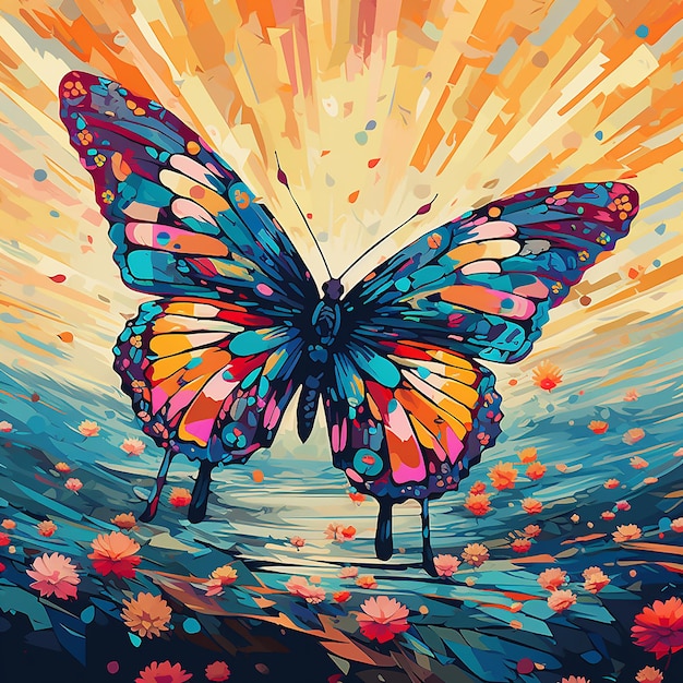 Vivid Nature Dance Butterfly Flying over Colorful Patterns
