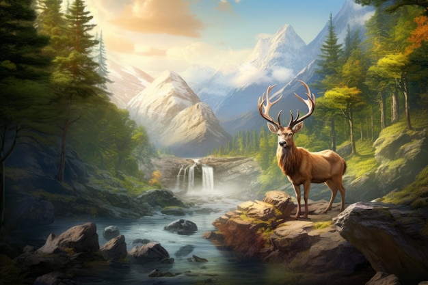 Vivid nature with majestic view and deer Beautiful illustration picture Generative AI