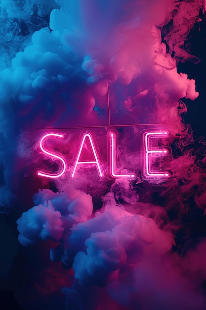 Vivid neon SALE sign surrounded by dramatic smoke